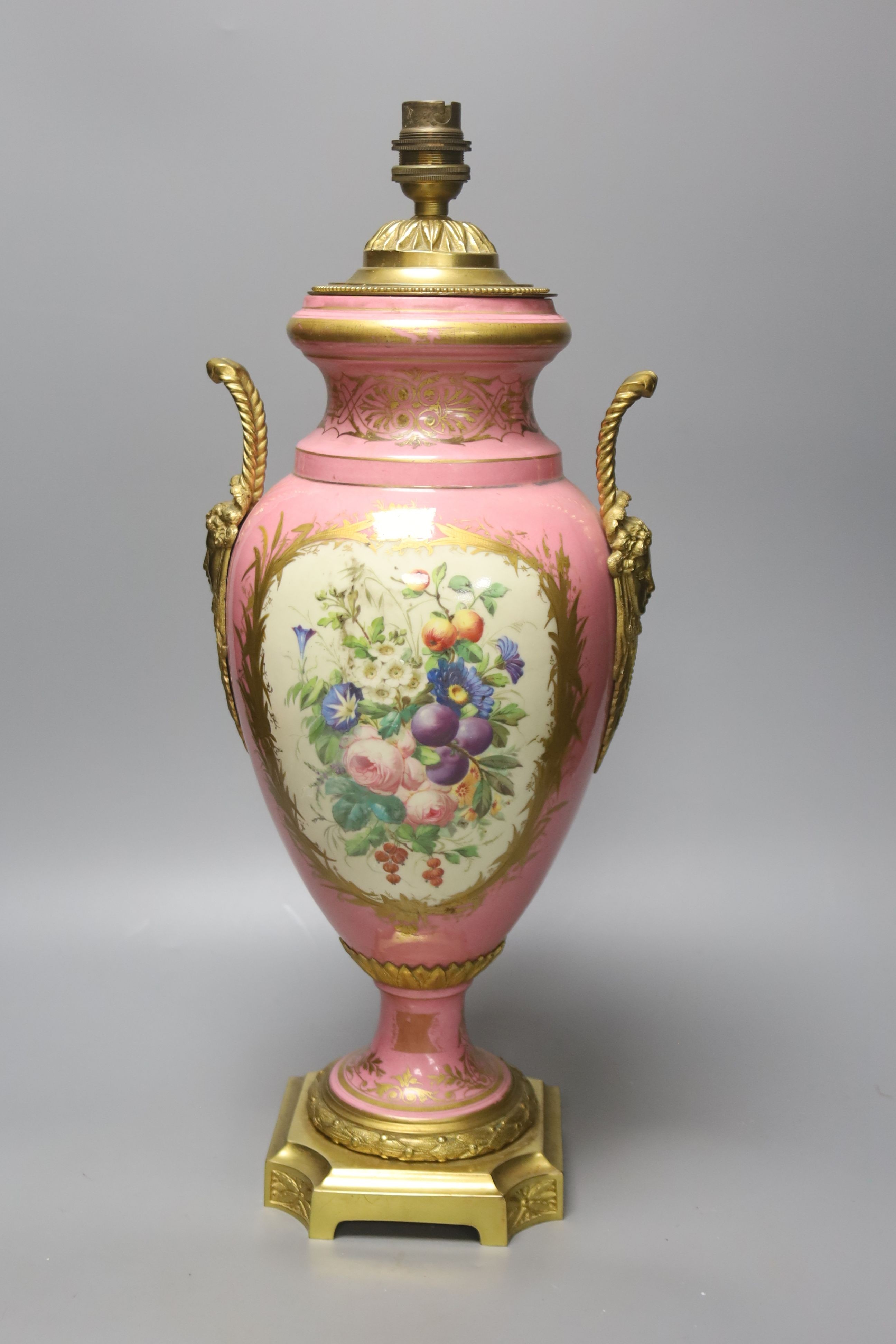 A large 19th century Sevres style porcelain and gilt metal mounted table lamp, 46cm